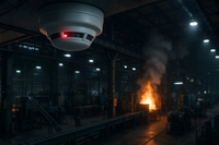 detector de humo a la distancia dentro de fábrica mientras comienza incendio